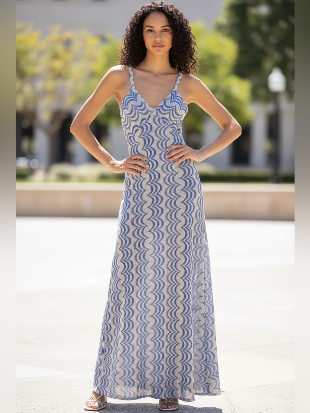 Ramy Brook Wave Jaquard Knit Sleeveless Maxi Dress Blue, Gold, White Sz 2